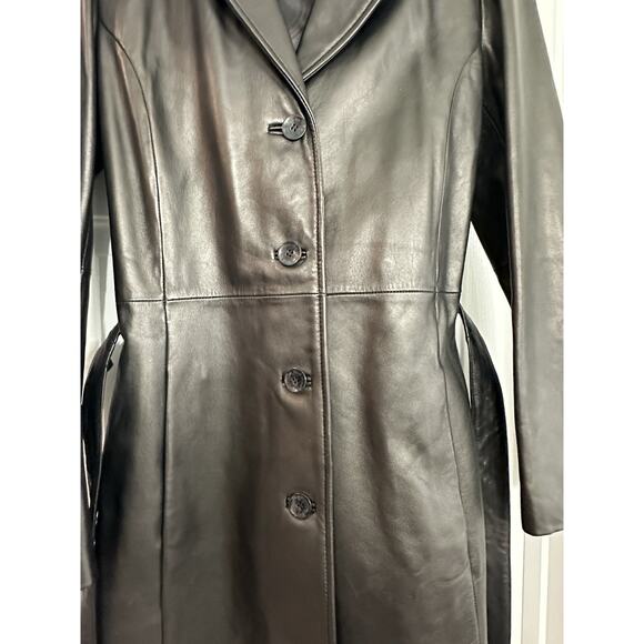 Wilsons Pelle Studio Women M Trench Coat Leather Lined Belted Button Black 90s - Picture 3 of 15